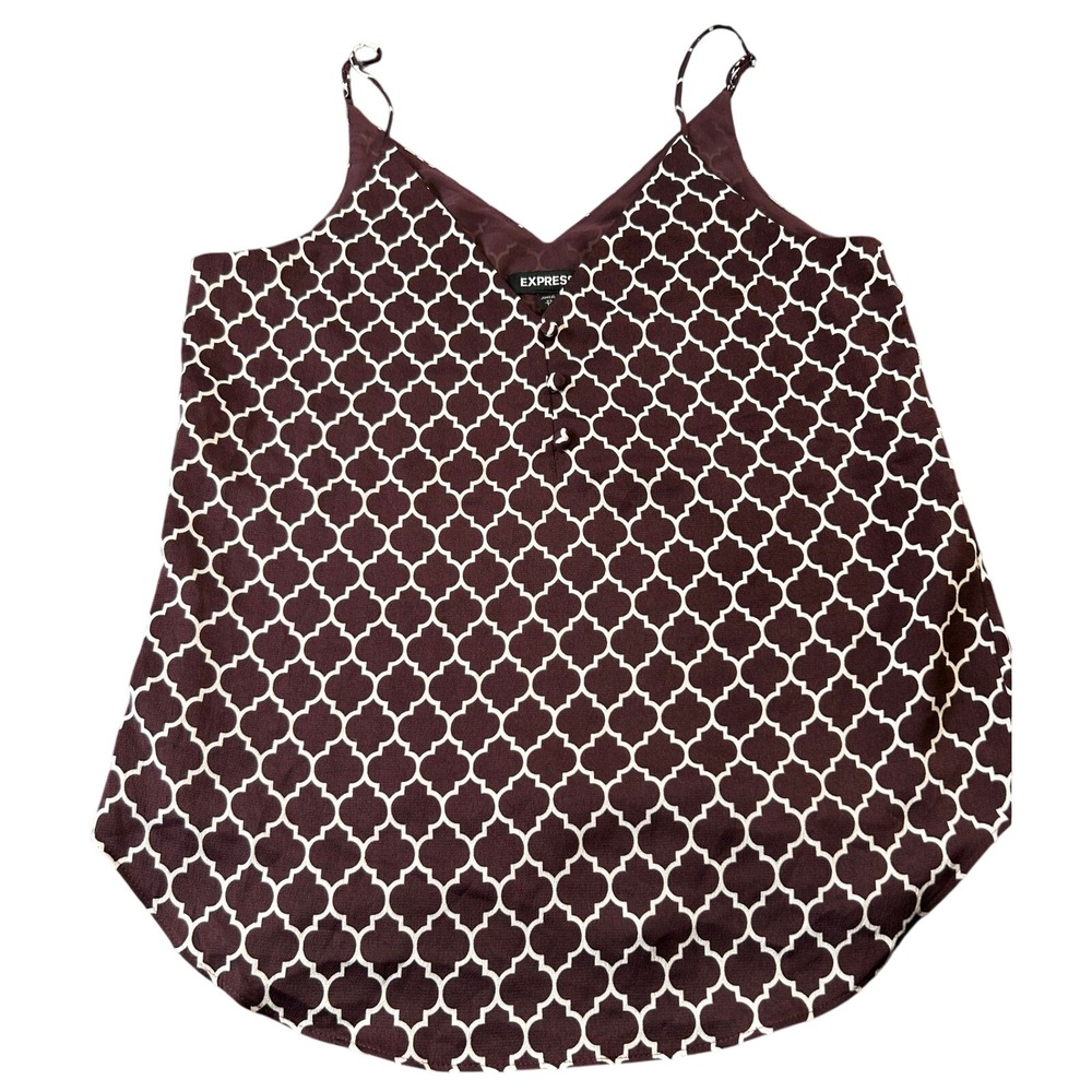 Express Womens XS Cami Tank Top Burgundy White Geometric Quatrefoil Print V-Neck